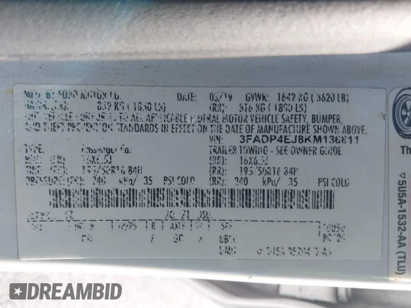 ✅ 2019 Ford Fiesta SE • VIN: 3FADP4EJ8KM136811 • Lot: 44119765. Listed on IAAI with 147,082 mi. Free auction sales archive from the USA and detailed vehicle history report at DreamBid. Image 9.