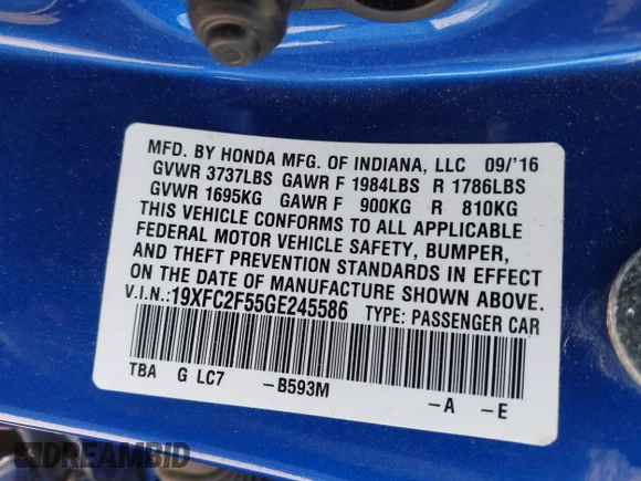 ✅ 2016 Honda Civic LX • VIN: 19XFC2F55GE245586 • Lot: 45433581. Listed on IAAI with 60,974 mi. Free auction sales archive from the USA and detailed vehicle history report at DreamBid. Image 9.