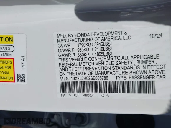 ✅ 2025 Honda Civic Sport • VIN: 19XFL2H82SE006786 • Lot: 44296424. Wystawiony na IAAI z przebiegiem 3 028 mil. Bezpłatny archiwum sprzedaży aukcyjnych z USA i szczegółowy raport historii pojazdu na DreamBid. Zdjęcie 9.