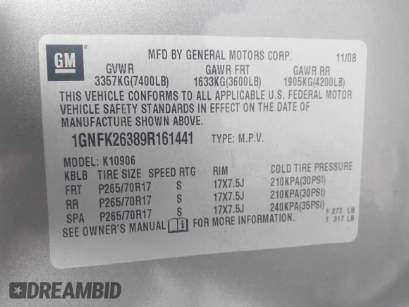 ✅ 2009 Chevrolet Suburban 2LT • VIN: 1GNFK26389R161441 • Лот: 44092068. Опубліковано раніше на IAAI з пробігом 248 606 миль. Безкоштовний доступ до архіву аукціонних продажів зі США та докладний звіт про історію автомобіля на DreamBid. Зображення 9.