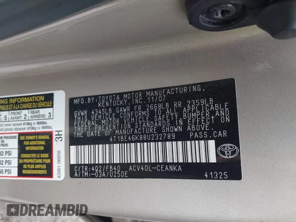 ✅ 2008 Toyota Camry LE • VIN: 4T1BE46K88U232789 • Lot: 42589821. Wystawiony na IAAI z przebiegiem 227 033 mil. Bezpłatny archiwum sprzedaży aukcyjnych z USA i szczegółowy raport historii pojazdu na DreamBid. Zdjęcie 9.