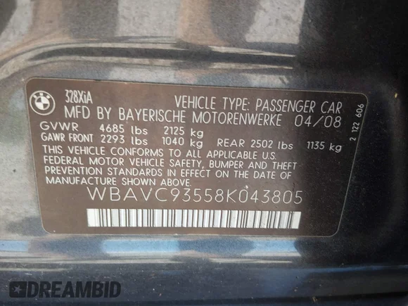 ✅ 2008 BMW 3 Series 328xi • VIN: WBAVC93558K043805 • Lot: 44924302. Wystawiony na IAAI z przebiegiem 162 684 mil. Bezpłatny archiwum sprzedaży aukcyjnych z USA i szczegółowy raport historii pojazdu na DreamBid. Zdjęcie 9.