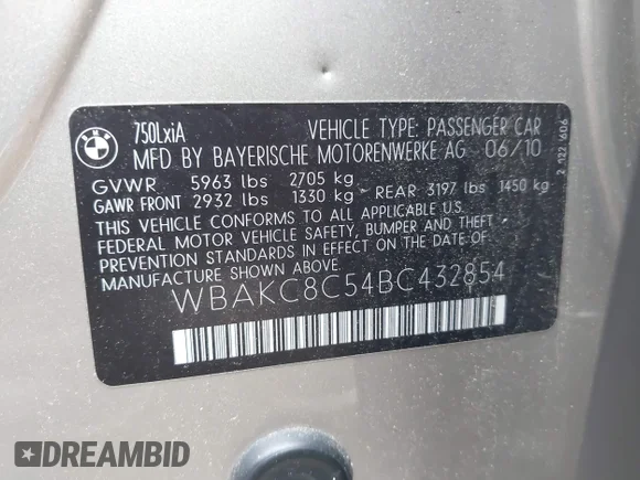 ✅ 2011 BMW 7 Series 750Li xDrive • VIN: WBAKC8C54BC432854 • Lot: 42894912. Listed on IAAI with 118,390 mi. Free auction sales archive from the USA and detailed vehicle history report at DreamBid. Image 9.