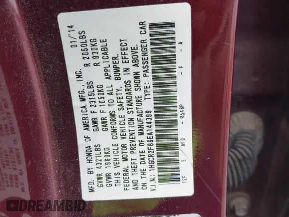 ✅ 2014 Honda Accord EX-L • VIN: 1HGCR2F89EA144399 • Lot: 45033304. Wystawiony na IAAI z przebiegiem 149 401 mil. Bezpłatny archiwum sprzedaży aukcyjnych z USA i szczegółowy raport historii pojazdu na DreamBid. Zdjęcie 9.