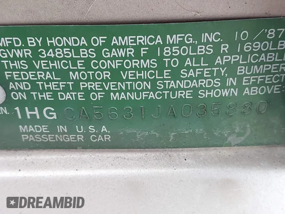 ✅ 1988 Honda Accord • VIN: 1HGCA5631JA035880 • Lot: 43271696. Wystawiony na IAAI z przebiegiem 121 505 mil. Bezpłatny archiwum sprzedaży aukcyjnych z USA i szczegółowy raport historii pojazdu na DreamBid. Zdjęcie 9.