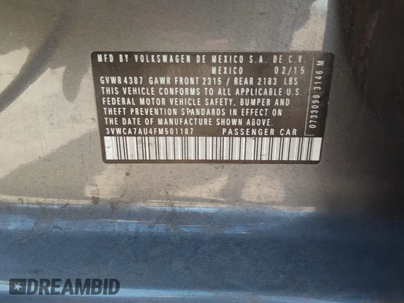 ✅ 2015 Volkswagen Golf S • VIN: 3VWCA7AU4FM501187 • Lot: 45432216. Listed on IAAI with 166,442 mi. Free auction sales archive from the USA and detailed vehicle history report at DreamBid. Image 9.