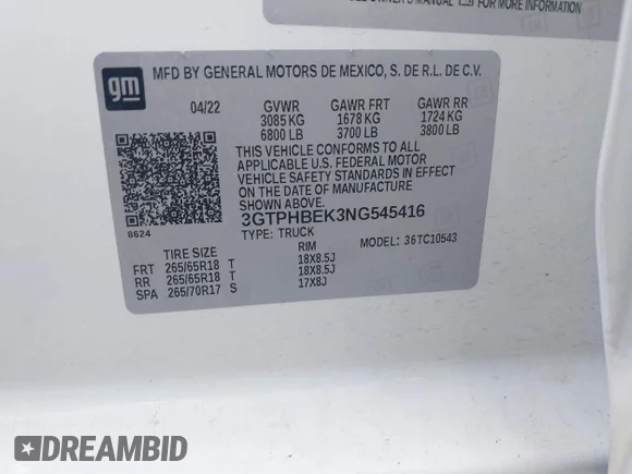 ✅ 2022 GMC Sierra 1500 SLE • VIN: 3GTPHBEK3NG545416 • Lot: 43123305. Wystawiony na IAAI z przebiegiem Nie podano. Bezpłatny archiwum sprzedaży aukcyjnych z USA i szczegółowy raport historii pojazdu na DreamBid. Zdjęcie 9.