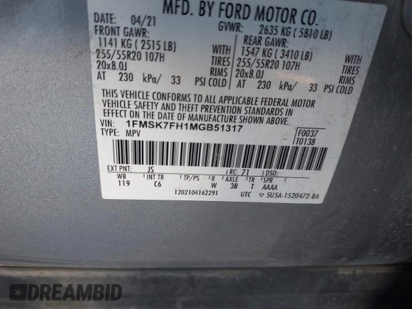 ✅ 2021 Ford Explorer Limited • VIN: 1FMSK7FH1MGB51317 • Lot: 43988100. Wystawiony na IAAI z przebiegiem 81 078 mil. Bezpłatny archiwum sprzedaży aukcyjnych z USA i szczegółowy raport historii pojazdu na DreamBid. Zdjęcie 9.