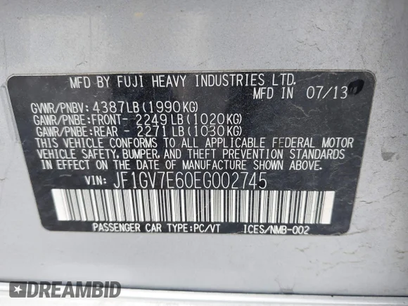 ✅ 2014 Subaru WRX WRX • VIN: JF1GV7E60EG002745 • Lot: 43297068. Listed on IAAI with 158,909 mi. Free auction sales archive from the USA and detailed vehicle history report at DreamBid. Image 9.