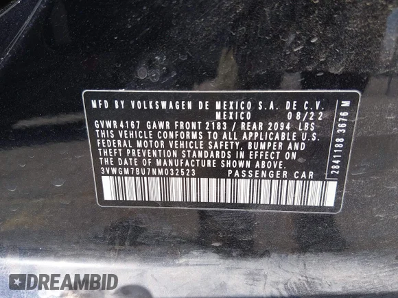 ✅ 2022 Volkswagen Jetta SEL • VIN: 3VWGM7BU7NM032523 • Lot: 44728738. Wystawiony na IAAI z przebiegiem 53 699 mil. Bezpłatny archiwum sprzedaży aukcyjnych z USA i szczegółowy raport historii pojazdu na DreamBid. Zdjęcie 9.