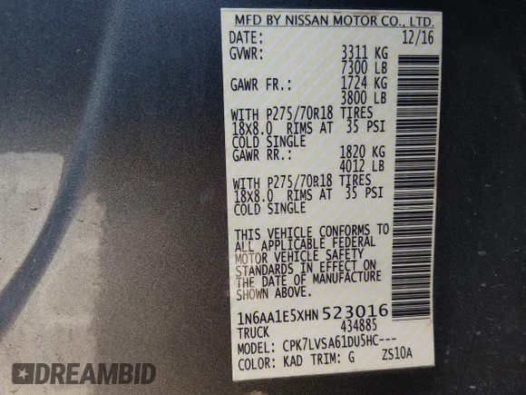 ✅ 2017 Nissan Titan SV • VIN: 1N6AA1E5XHN523016 • Лот: 44841586. Опубликован ранее на IAAI с пробегом 141 474 миль. Бесплатный доступ к архиву аукционных продаж из США и подробный отчёт об истории автомобиля на DreamBid. Изображение 9.