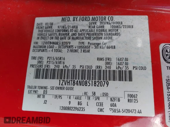 ✅ 2008 Ford Mustang Deluxe • VIN: 1ZVHT84N085182079 • Lot: 44903042. Wystawiony na IAAI z przebiegiem Nie podano. Bezpłatny archiwum sprzedaży aukcyjnych z USA i szczegółowy raport historii pojazdu na DreamBid. Zdjęcie 9.