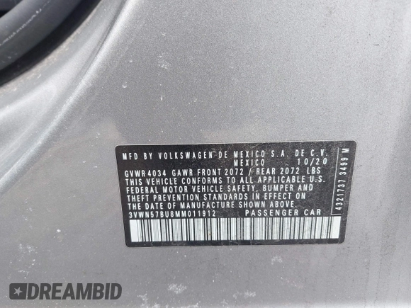 ✅ 2021 Volkswagen Jetta S • VIN: 3VWN57BU8MM011912 • Lot: 44077575. Wystawiony na IAAI z przebiegiem 62 442 mil. Bezpłatny archiwum sprzedaży aukcyjnych z USA i szczegółowy raport historii pojazdu na DreamBid. Zdjęcie 9.