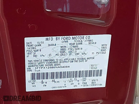✅ 2006 Ford F-150 XLT • VIN: 1FTPX12586NA54084 • Lot: 43692663. Listed on IAAI with 304,607 mi. Free auction sales archive from the USA and detailed vehicle history report at DreamBid. Image 9.