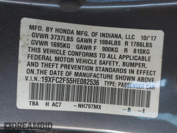 ✅ 2017 Honda Civic LX • VIN: 19XFC2F55HE082536 • Lot: 43941535. Listed on IAAI with 88,062 mi. Free auction sales archive from the USA and detailed vehicle history report at DreamBid. Image 9.