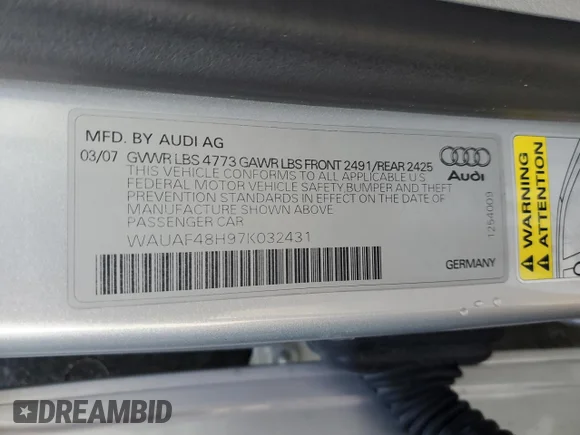 ✅ 2007 Audi A4 2.0T • VIN: WAUAF48H97K032431 • Lot: 85376084. Wystawiony na Copart z przebiegiem 82 422 mil. Bezpłatny archiwum sprzedaży aukcyjnych z USA i szczegółowy raport historii pojazdu na DreamBid. Zdjęcie 12.