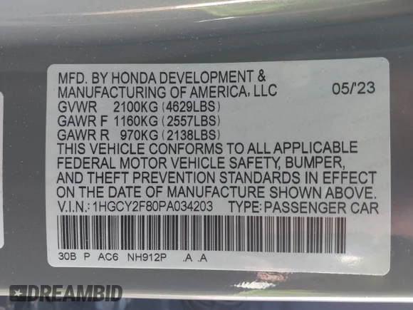 ✅ 2023 Honda Accord Touring • VIN: 1HGCY2F80PA034203 • Lot: 44017522. Wystawiony na IAAI z przebiegiem 34 248 mil. Bezpłatny archiwum sprzedaży aukcyjnych z USA i szczegółowy raport historii pojazdu na DreamBid. Zdjęcie 9.
