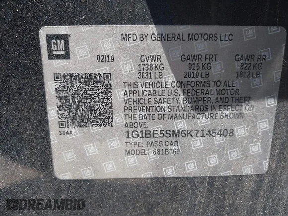 ✅ 2019 Chevrolet Cruze LT • VIN: 1G1BE5SM6K7145408 • Лот: 45131975. Опубліковано раніше на IAAI з пробігом 137 757 миль. Безкоштовний доступ до архіву аукціонних продажів зі США та докладний звіт про історію автомобіля на DreamBid. Зображення 9.
