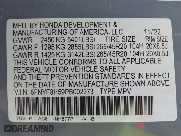 ✅ 2023 Honda Passport EX-L • VIN: 5FNYF8H59PB002373 • Lot: 43396221. Wystawiony na IAAI z przebiegiem Nie podano. Bezpłatny archiwum sprzedaży aukcyjnych z USA i szczegółowy raport historii pojazdu na DreamBid. Zdjęcie 9.