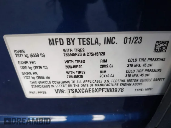 ✅ 2023 Tesla Model X • VIN: 7SAXCAE5XPF380978 • Лот: 43686258. Опубліковано раніше на IAAI з пробігом 18 884 миль. Безкоштовний доступ до архіву аукціонних продажів зі США та докладний звіт про історію автомобіля на DreamBid. Зображення 9.