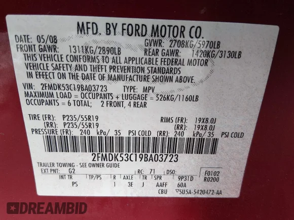 ✅ 2009 Ford Flex Limited • VIN: 2FMDK53C19BA03723 • Лот: 45202865. Опубликован ранее на IAAI с пробегом 304 804 миль. Бесплатный доступ к архиву аукционных продаж из США и подробный отчёт об истории автомобиля на DreamBid. Изображение 9.