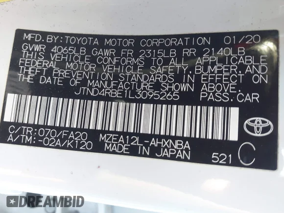 ✅ 2020 Toyota Corolla SE • VIN: JTND4RBE1L3095265 • Lot: 45024894. Wystawiony na IAAI z przebiegiem 107 050 mil. Bezpłatny archiwum sprzedaży aukcyjnych z USA i szczegółowy raport historii pojazdu na DreamBid. Zdjęcie 9.