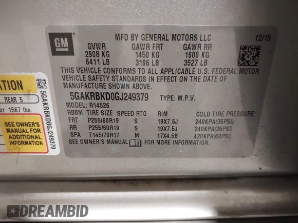 ✅ 2016 Buick Enclave Leather • VIN: 5GAKRBKD0GJ249379 • Lot: 44983676. Listed on IAAI with 96,341 mi. Free auction sales archive from the USA and detailed vehicle history report at DreamBid. Image 9.