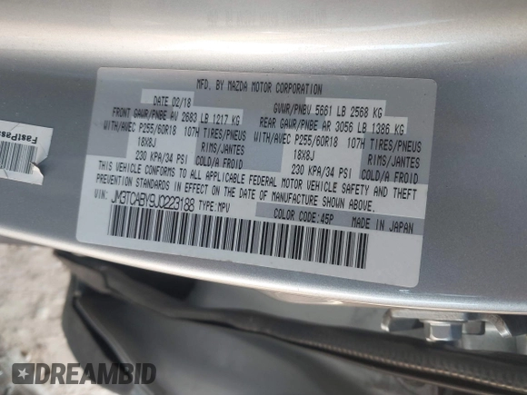✅ 2018 Mazda CX-9 Sport • VIN: JM3TCABY9J0223188 • Lot: 44090060. Wystawiony na IAAI z przebiegiem 204 912 mil. Bezpłatny archiwum sprzedaży aukcyjnych z USA i szczegółowy raport historii pojazdu na DreamBid. Zdjęcie 9.