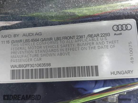 ✅ 2016 Audi A3 Premium • VIN: WAUB8GFF3G1063598 • Lot: 42260685. Listed on IAAI with 135,924 mi. Free auction sales archive from the USA and detailed vehicle history report at DreamBid. Image 9.