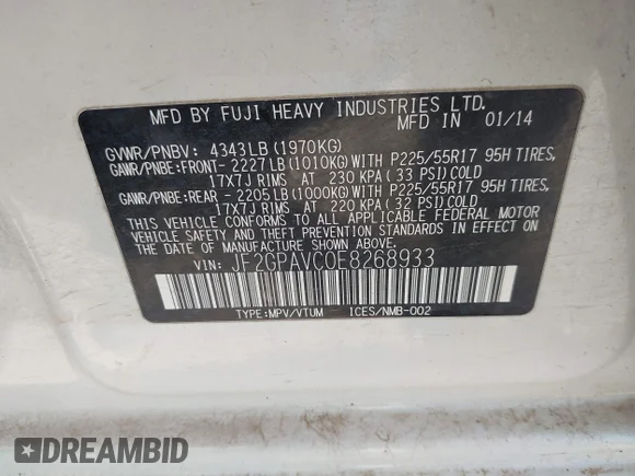 ✅ 2014 Subaru Crosstrek Premium • VIN: JF2GPAVC0E8268933 • Lot: 44726385. Listed on IAAI with 191,568 mi. Free auction sales archive from the USA and detailed vehicle history report at DreamBid. Image 9.