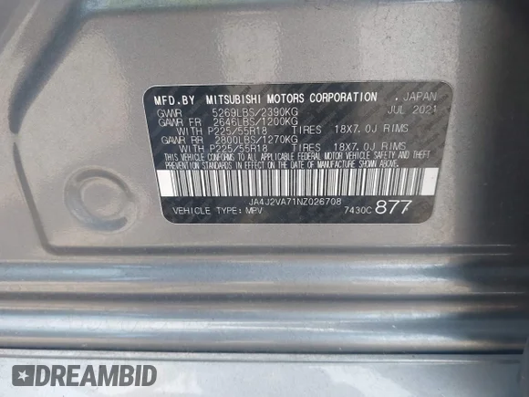 ✅ 2022 Mitsubishi Outlander SEL • VIN: JA4J2VA71NZ026708 • Lot: 42693815. Wystawiony na IAAI z przebiegiem 121 360 mil. Bezpłatny archiwum sprzedaży aukcyjnych z USA i szczegółowy raport historii pojazdu na DreamBid. Zdjęcie 9.