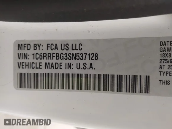 ✅ 2025 Ram 1500 Big Horn • VIN: 1C6RRFBG3SN537128 • Lot: 44120685. Wystawiony na IAAI z przebiegiem 37 209 mil. Bezpłatny archiwum sprzedaży aukcyjnych z USA i szczegółowy raport historii pojazdu na DreamBid. Zdjęcie 9.