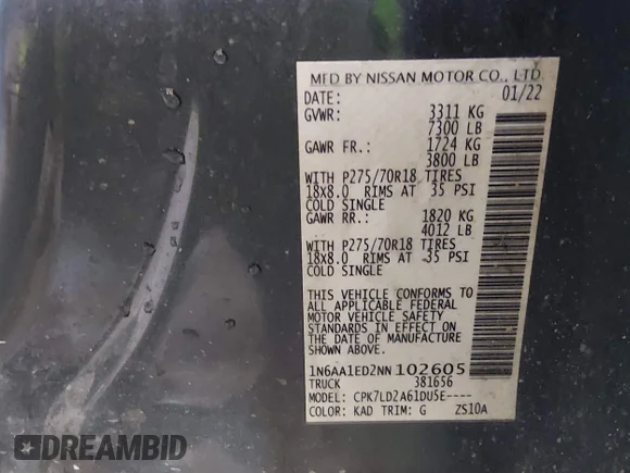 ✅ 2022 Nissan Titan SV • VIN: 1N6AA1ED2NN102605 • Lot: 44479234. Wystawiony na IAAI z przebiegiem 80 976 mil. Bezpłatny archiwum sprzedaży aukcyjnych z USA i szczegółowy raport historii pojazdu na DreamBid. Zdjęcie 9.