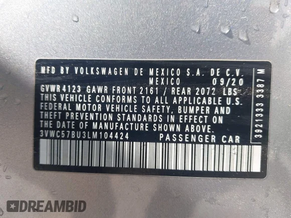 ✅ 2020 Volkswagen Jetta S • VIN: 3VWC57BU3LM104424 • Lot: 44918102. Wystawiony na IAAI z przebiegiem 119 072 mil. Bezpłatny archiwum sprzedaży aukcyjnych z USA i szczegółowy raport historii pojazdu na DreamBid. Zdjęcie 9.