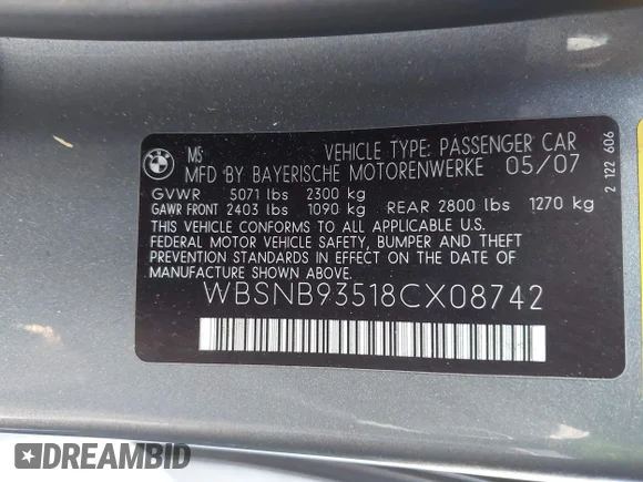 ✅ 2008 BMW 5 Series M5 • VIN: WBSNB93518CX08742 • Лот: 43300781. Опубліковано раніше на IAAI з пробігом 118 017 миль. Безкоштовний доступ до архіву аукціонних продажів зі США та докладний звіт про історію автомобіля на DreamBid. Зображення 9.