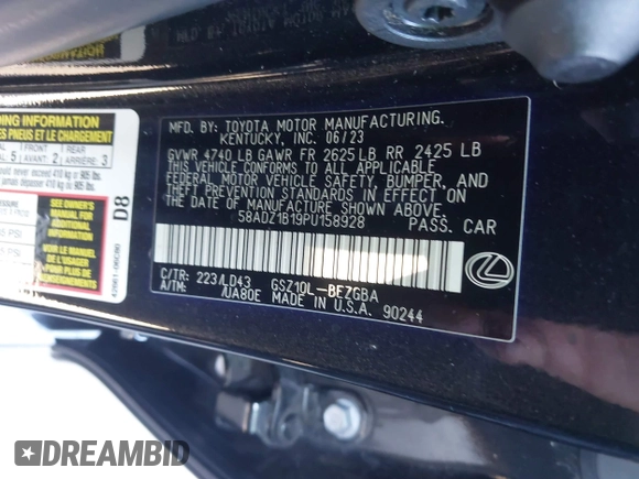 ✅ 2023 Lexus ES 350 • VIN: 58ADZ1B19PU158928 • Lot: 43895260. Wystawiony na IAAI z przebiegiem 25 491 mil. Bezpłatny archiwum sprzedaży aukcyjnych z USA i szczegółowy raport historii pojazdu na DreamBid. Zdjęcie 9.