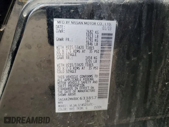 ✅ 2013 Nissan Pathfinder SL • VIN: 5N1AR2MN8DC633857 • Lot: 99779825. Listed on Copart with 231,409 mi. Free auction sales archive from the USA and detailed vehicle history report at DreamBid. Image 13.