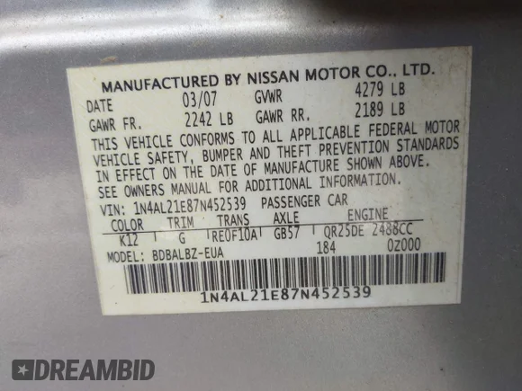 ✅ 2007 Nissan Altima S • VIN: 1N4AL21E87N452539 • Lot: 44584367. Wystawiony na IAAI z przebiegiem 173 011 mil. Bezpłatny archiwum sprzedaży aukcyjnych z USA i szczegółowy raport historii pojazdu na DreamBid. Zdjęcie 9.