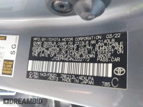 ✅ 2022 Toyota Corolla LE • VIN: JTDEPMAE4NJ222772 • Lot: 45135912. Wystawiony na IAAI z przebiegiem 47 137 mil. Bezpłatny archiwum sprzedaży aukcyjnych z USA i szczegółowy raport historii pojazdu na DreamBid. Zdjęcie 9.