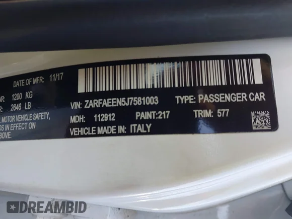 ✅ 2018 Alfa Romeo Giulia Ti Sport • VIN: ZARFAEEN5J7581003 • Lot: 45156001. Wystawiony na IAAI z przebiegiem Nie podano. Bezpłatny archiwum sprzedaży aukcyjnych z USA i szczegółowy raport historii pojazdu na DreamBid. Zdjęcie 9.