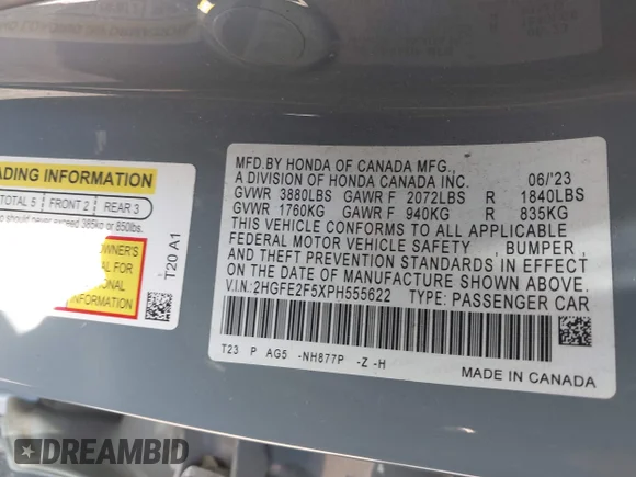 ✅ 2023 Honda Civic Sport • VIN: 2HGFE2F5XPH555622 • Lot: 44819057. Listed on IAAI with 63,213 mi. Free auction sales archive from the USA and detailed vehicle history report at DreamBid. Image 9.
