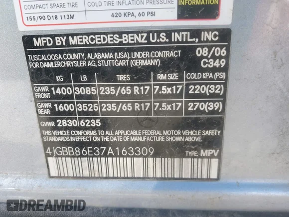 ✅ 2007 Mercedes-Benz M 350 • VIN: 4JGBB86E37A163309 • Lot: 44173398. Wystawiony na IAAI z przebiegiem 170 183 mil. Bezpłatny archiwum sprzedaży aukcyjnych z USA i szczegółowy raport historii pojazdu na DreamBid. Zdjęcie 9.