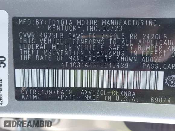 ✅ 2023 Toyota Camry Hybrid LE • VIN: 4T1C31AK3PU615439 • Lot: 43790099. Wystawiony na IAAI z przebiegiem 53 570 mil. Bezpłatny archiwum sprzedaży aukcyjnych z USA i szczegółowy raport historii pojazdu na DreamBid. Zdjęcie 9.