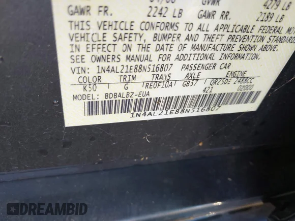 ✅ 2008 Nissan Altima 2.5 • VIN: 1N4AL21E88N516807 • Lot: 43991619. Wystawiony na IAAI z przebiegiem 166 048 mil. Bezpłatny archiwum sprzedaży aukcyjnych z USA i szczegółowy raport historii pojazdu na DreamBid. Zdjęcie 9.