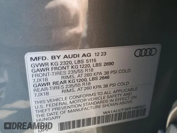 ✅ 2024 Audi Q3 Premium • VIN: WA1AUCF39R1085921 • Lot: 67816885. Wystawiony na Copart z przebiegiem 17 173 mil. Bezpłatny archiwum sprzedaży aukcyjnych z USA i szczegółowy raport historii pojazdu na DreamBid. Zdjęcie 14.