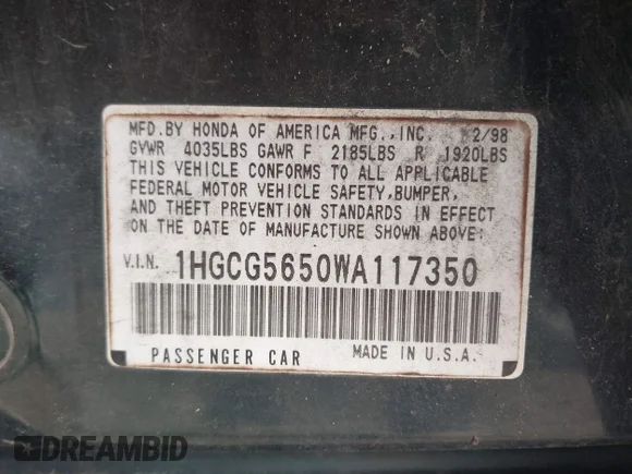 ✅ 1998 Honda Accord EX • VIN: 1HGCG5650WA117350 • Lot: 44134959. Wystawiony na IAAI z przebiegiem Nie podano. Bezpłatny archiwum sprzedaży aukcyjnych z USA i szczegółowy raport historii pojazdu na DreamBid. Zdjęcie 9.