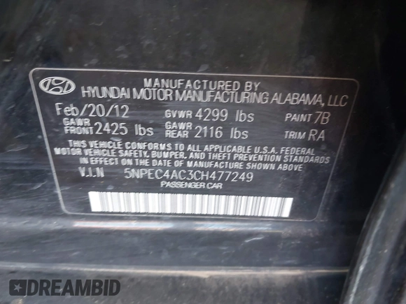 ✅ 2012 Hyundai Sonata SE • VIN: 5NPEC4AC3CH477249 • Lot: 44716146. Wystawiony na IAAI z przebiegiem 152 156 mil. Bezpłatny archiwum sprzedaży aukcyjnych z USA i szczegółowy raport historii pojazdu na DreamBid. Zdjęcie 9.